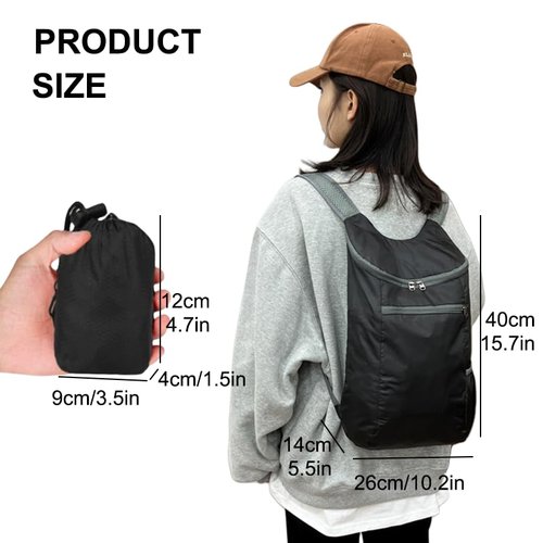 Packable Backpack for Men Women, 15L Waterproof Foldable Hiking Backpack with Breathable Shoulder Strap, Lightweight Outdoor Daypack for Travel Camping Biking Cycling, Black