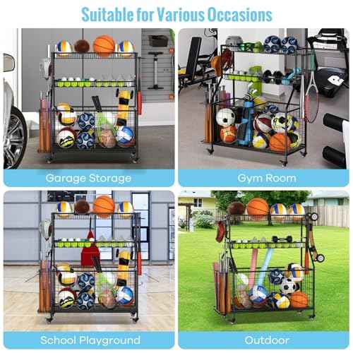 WUC Sports Equipment Garage Organizer - Garage Ball Storage Rack with Basket, Hooks and Rolling Cart for Sports Gear and Toy Storage, Black