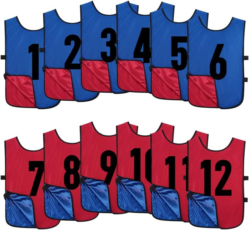 12 Pack Reversible Numbered Pinnies, Double Sided Scrimmage Vest,Team Practice Jerseys for Kids and Adult