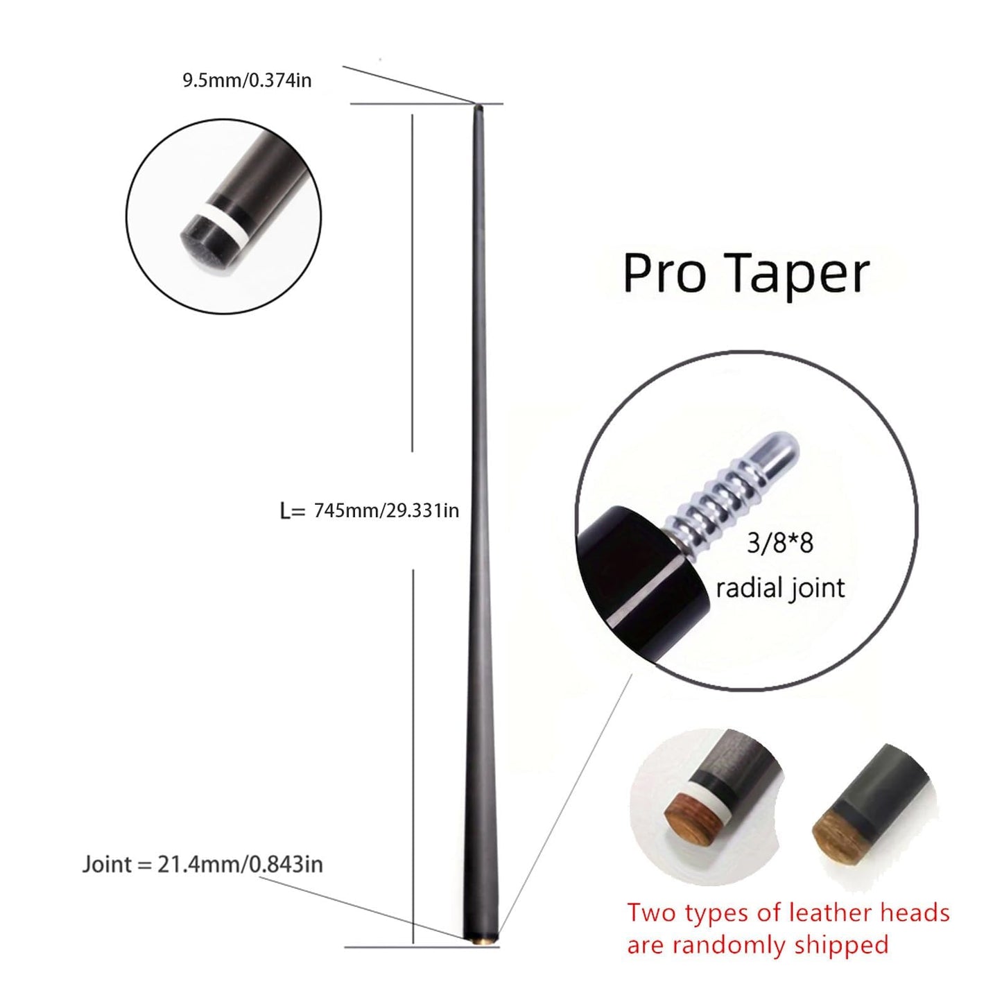 100% Carbon Fiber Black Technology Shaft of Pool Cue Front Part for Billiard Play/Break/Snooker Cue Shaft with Foam (Radial Pin, 9.5 * 21.4 * 745)