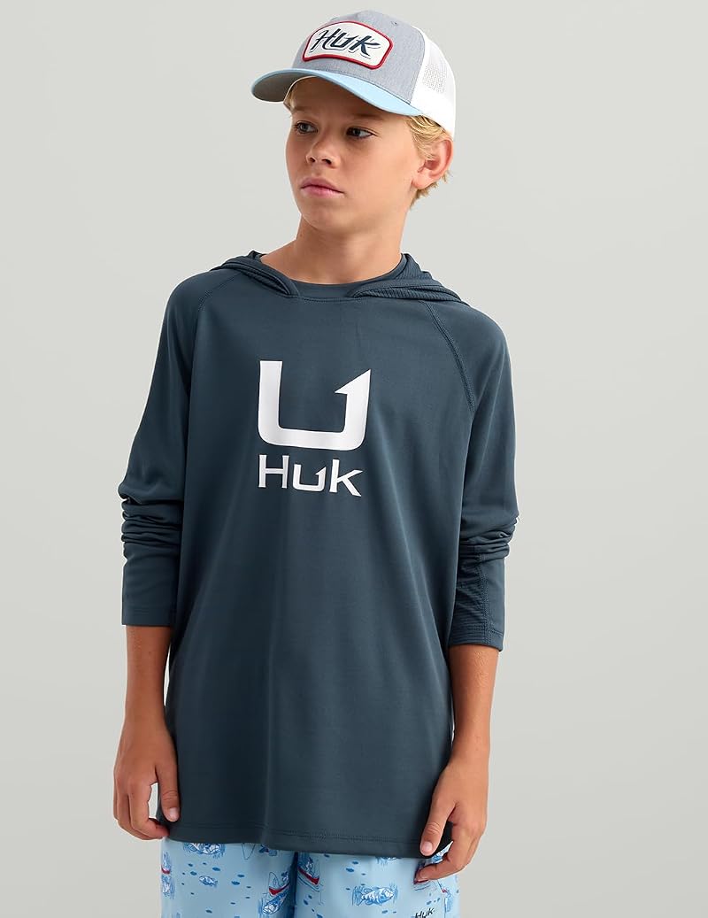 HUK Kids Icon Hoodie Fishing Shirt with Sun Protection — Sea Storm, Medium