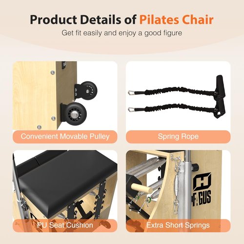 FAGUS H Pilates Pro Chair, Split-Pedal Stability Combo Chair with Handles, Yoga Fitness Trainer, Pilates Reformer Machine, Pilates Equipment Perfect for Home Use & Gym Workout, Burlywood / Black Pad