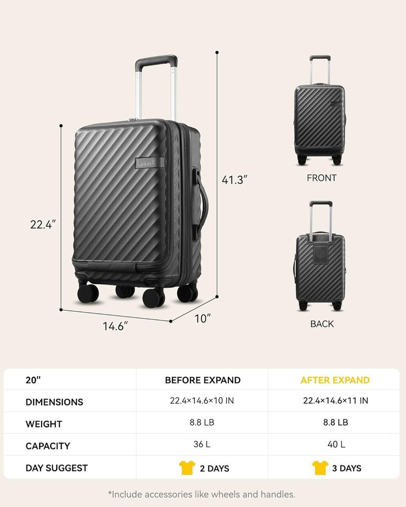 Carry On Luggage with Front Compartment and Cup Holder, KVF Expandable PC Hard Shell Suitcase with Front Pocket (FX-Plus, Ruby Red, 2-Piece (20/Tote))