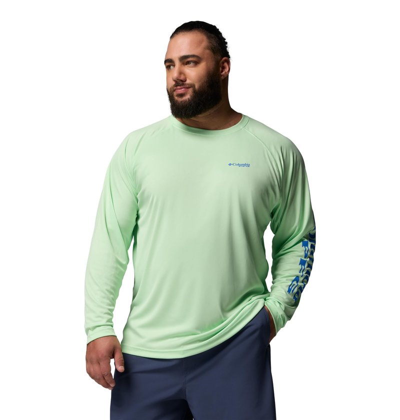 Columbia Men's PFG Terminal Tackle Long Sleeve Fishing Shirt, Key West/Vivid Blue Logo, Large Tall