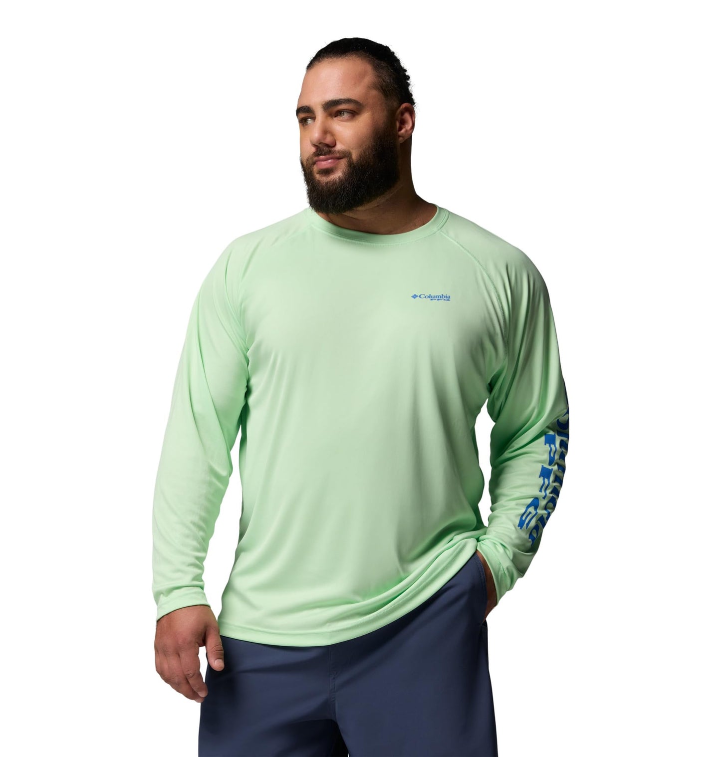 Columbia Men's PFG Terminal Tackle Long Sleeve Fishing Shirt, Key West/Vivid Blue Logo, Large Tall