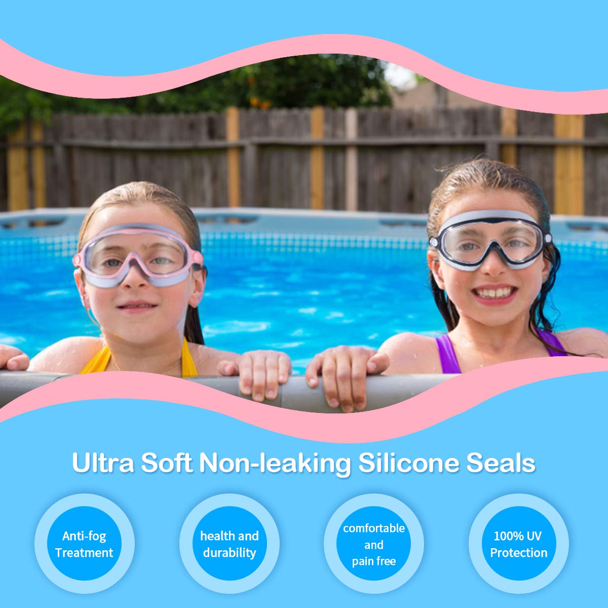 Kids Goggles for Swimming 2 Pack No Leaking Anti-Fog Outer Eye Fit with Wide View UV Protection Crystal Clear Watertight Swim Goggles with nose cover Suitable for Children Youth Boys Girls Age 3 to 14
