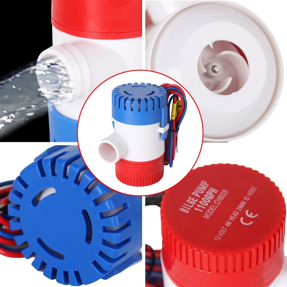 12v 1100GPH Boat Bilge Water Pump, 1-1/8 Inch Dia Bilge Pump Plumbing Kit, 6.5 FT Bilge Pump Hose, 2 Stainless Steel Clamps and Thru-Hull Fitting (Five-Piece)