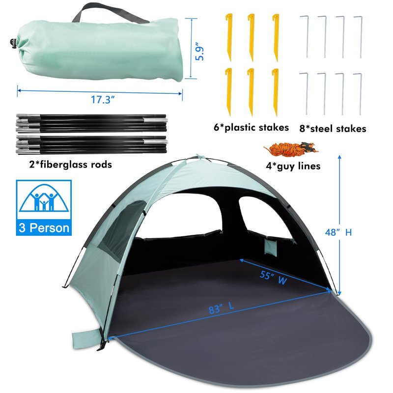 WhiteFang Beach Tent Anti-UV Portable Sun Shade Shelter for 3 Person with Blackout Shelter, Extendable Floor with 3 Ventilating Mesh Windows Plus Carrying Bag, Stakes and Guy Lines (Mint Green)