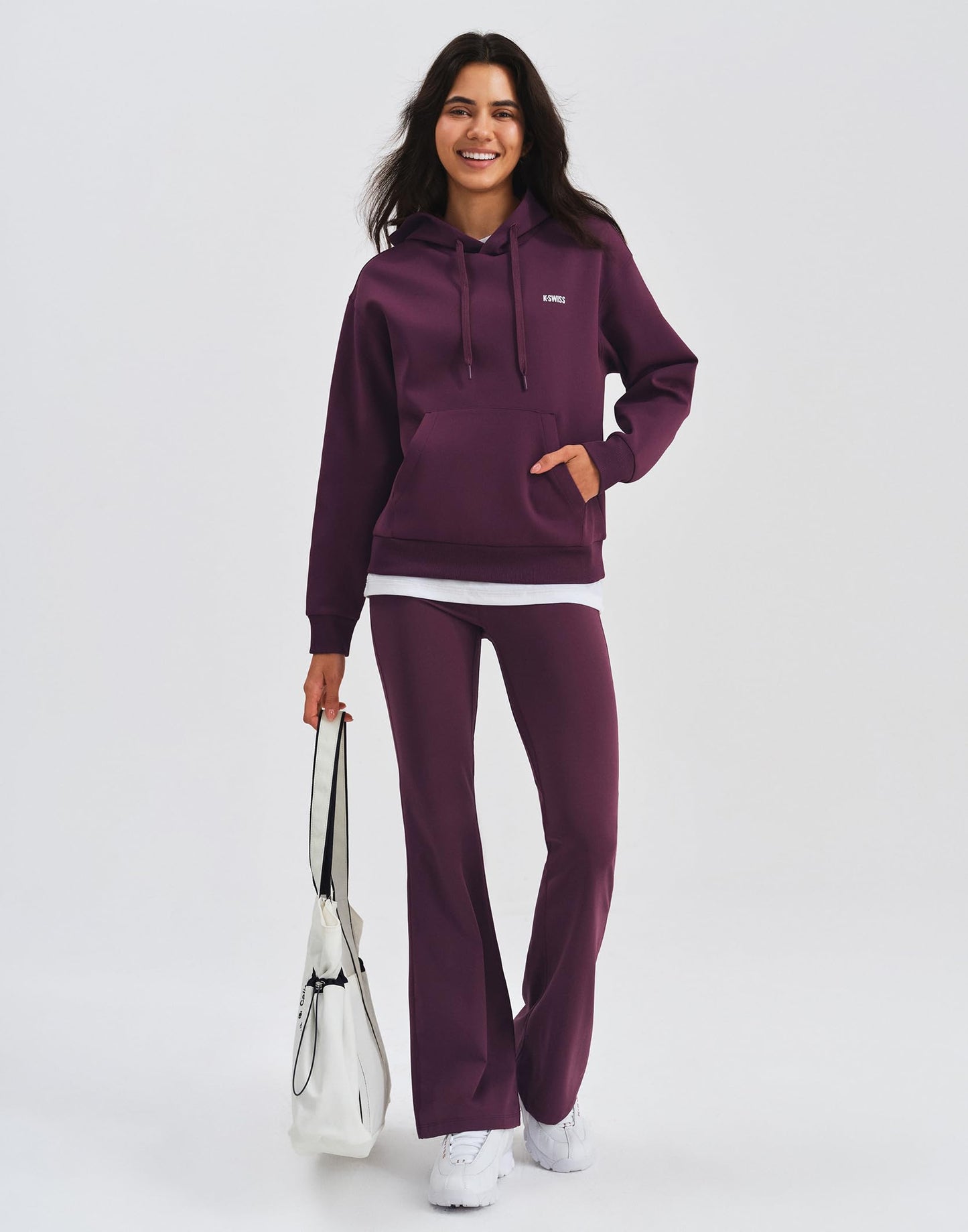 K-Swiss Flare Leggings for Women 32" - High Waist Wide Leg Bell Bottom Bootcut Yoga Pants for Casual Lounge, Purple/MISC S