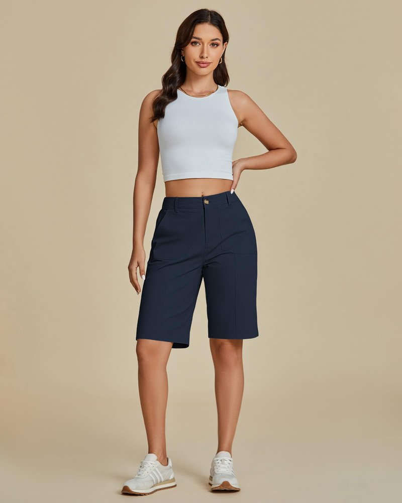 luvamia Bermuda Knee Length Shorts Shorts for Women Trendy Summer Dark Blue Size Large Size 12 14