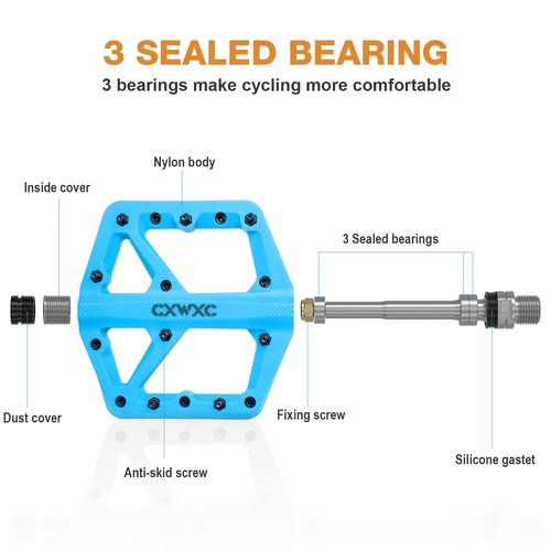 CXWXC Mountain Bike Pedals - Lightweight Nylon Fiber Bicycle Pedals - Platform Pedals for BMX Mountain Bike 9/16" (Blue)