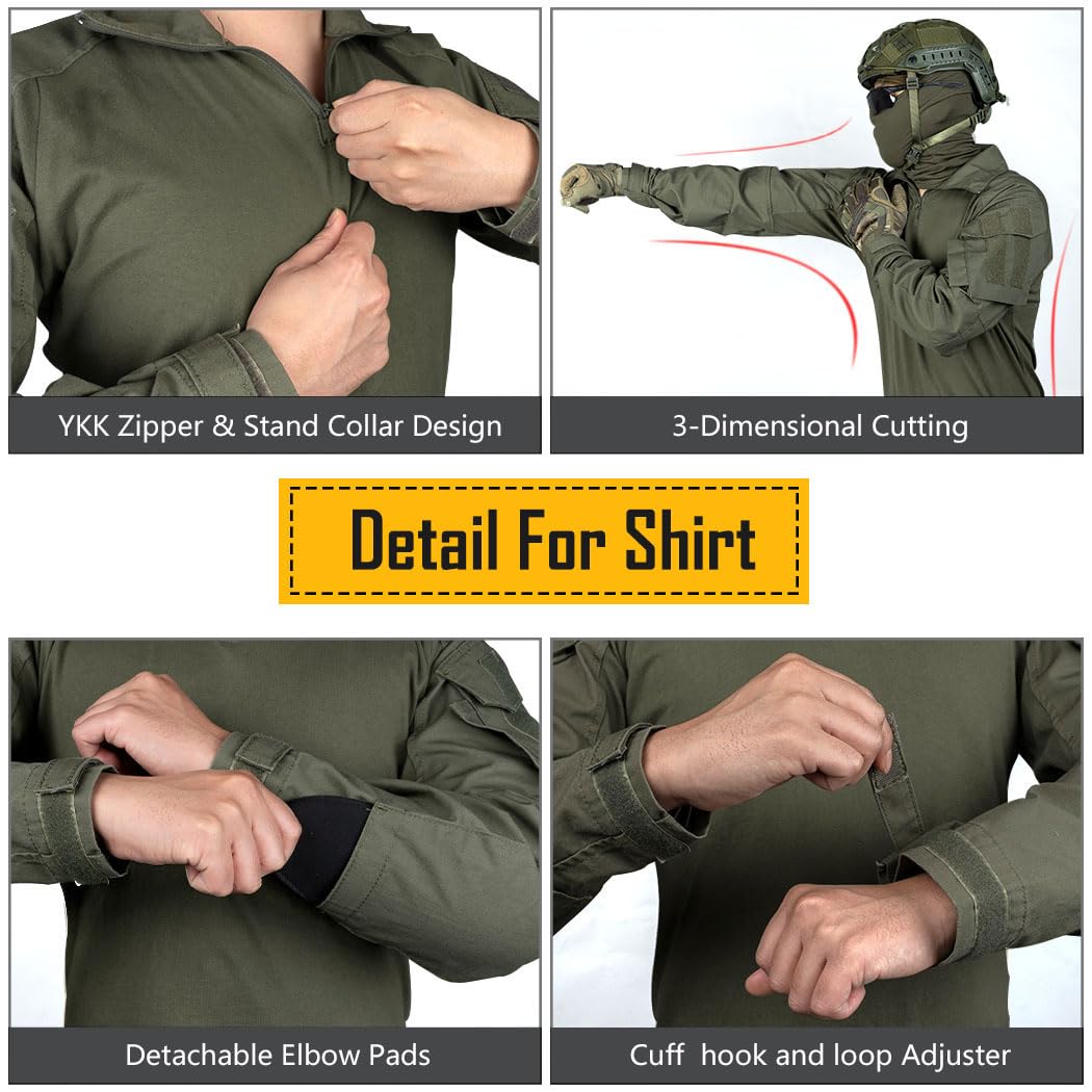 IDOGEAR Men G3 Assault Combat Uniform Set with Knee Pads Camo Camouflage Tactical Airsoft Hunting Paintball Gear (Ranger Green, Large)