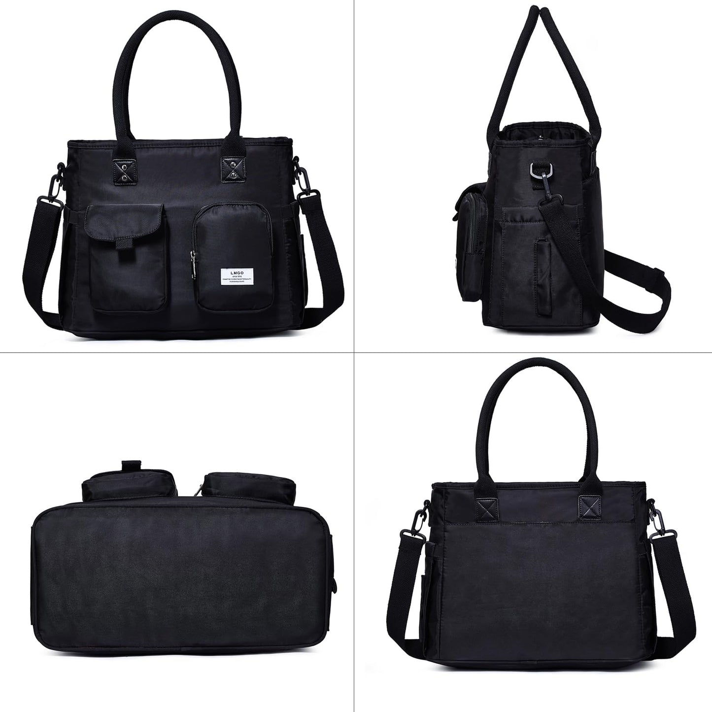 LMGO Large Utility Tote Bag with Multi-pockets and Compartment for Women, Crossbody Shoulder Bags with Zipper for Work, Travel Essentials for Nurse Teacher Carry On - Black