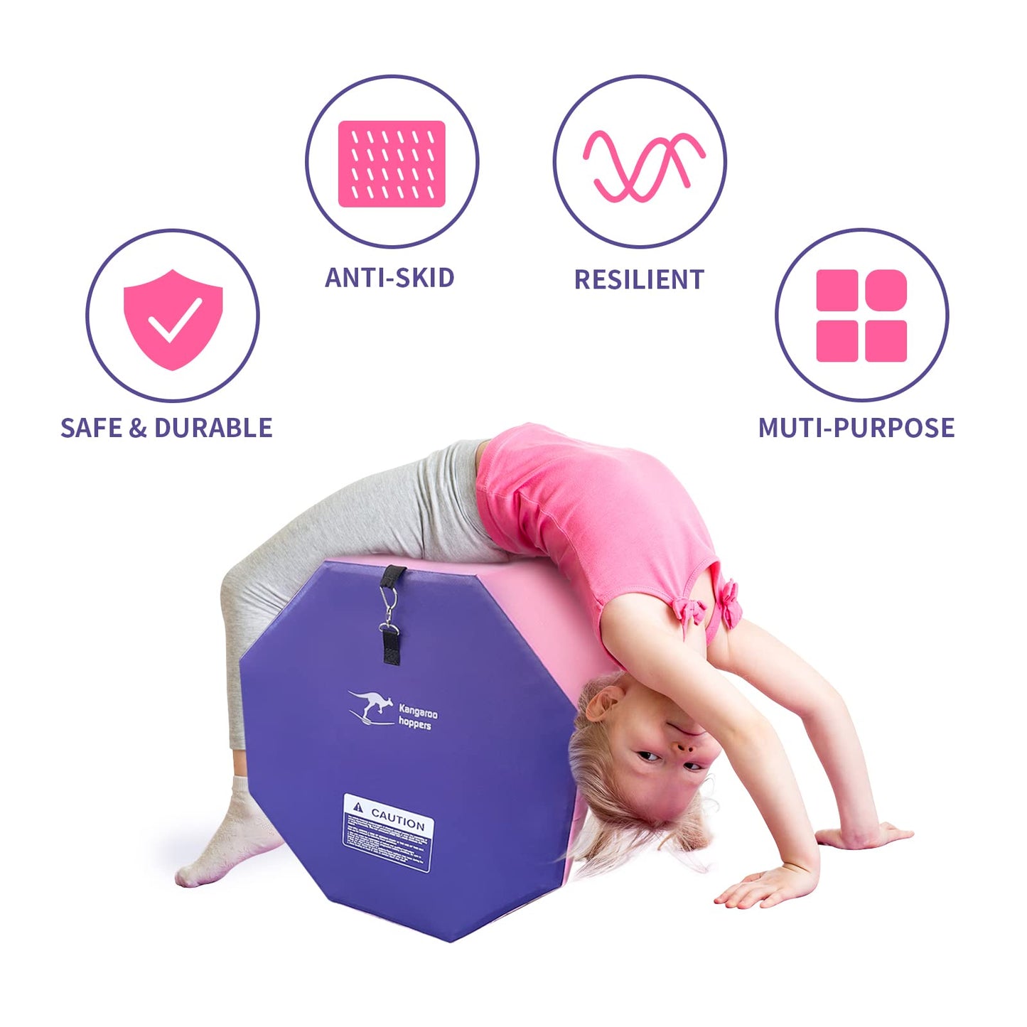 Kangaroo Hoppers Gymnastics Octagon Tumble Mat 19"x23" with Carrying Handles, Somersault Backbend Tumbling Trainer for Home Gym Exercise (Purple/Pink)