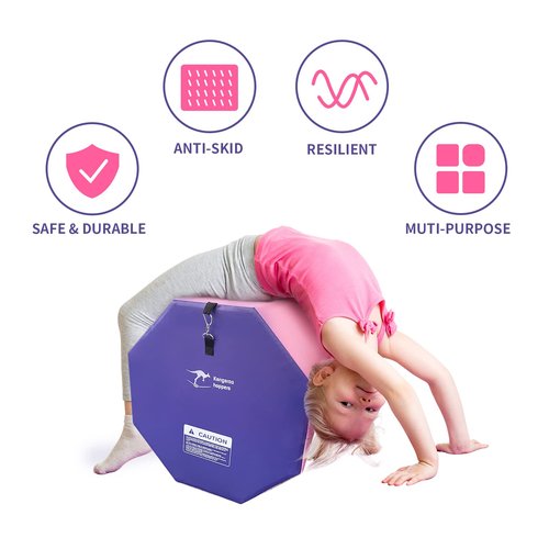 Kangaroo Hoppers Gymnastics Octagon Tumble Mat 19"x23" with Carrying Handles, Somersault Backbend Tumbling Trainer for Home Gym Exercise (Purple/Pink)