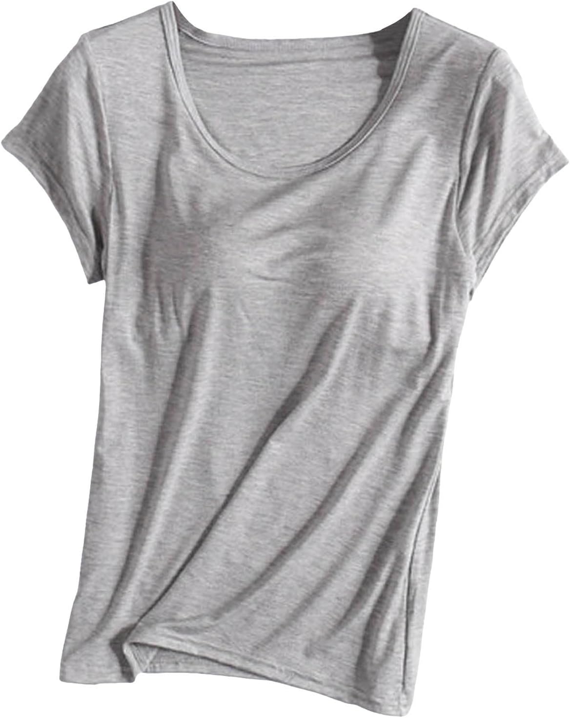 JiXiang Shirts with Built in Bras for Women Short Sleeves Crewneck Padded Tunics Tops Comfy Athletic Shelf Bra Active Tees