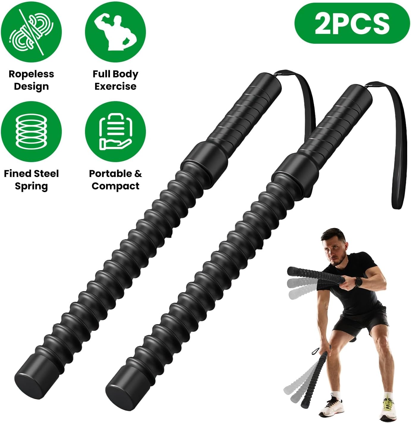 1Pair Ropeless Battle Ropes for Home Portable Compact Workout Exercise Training Battle Rope with Waist Strap for Women Men Strength Training Spring Bar