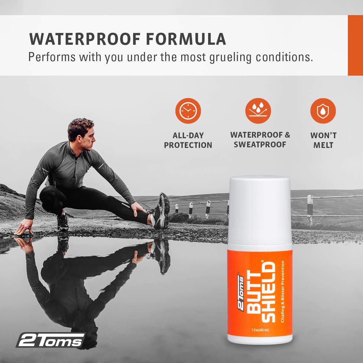 2Toms ButtShield, All Day Anti-Chafe and Blister Prevention, Waterproof and Sweatproof Protection from Saddle Sores, 1.5 Ounce Bottle