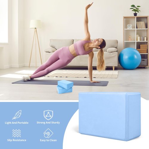 Yoga Blocks 2 Pack 9"x6"x3" High Density & Non Slip Dance Blocks for Stretching and Toning, Fitness Accessories for Stability & Balance (Light Blue)