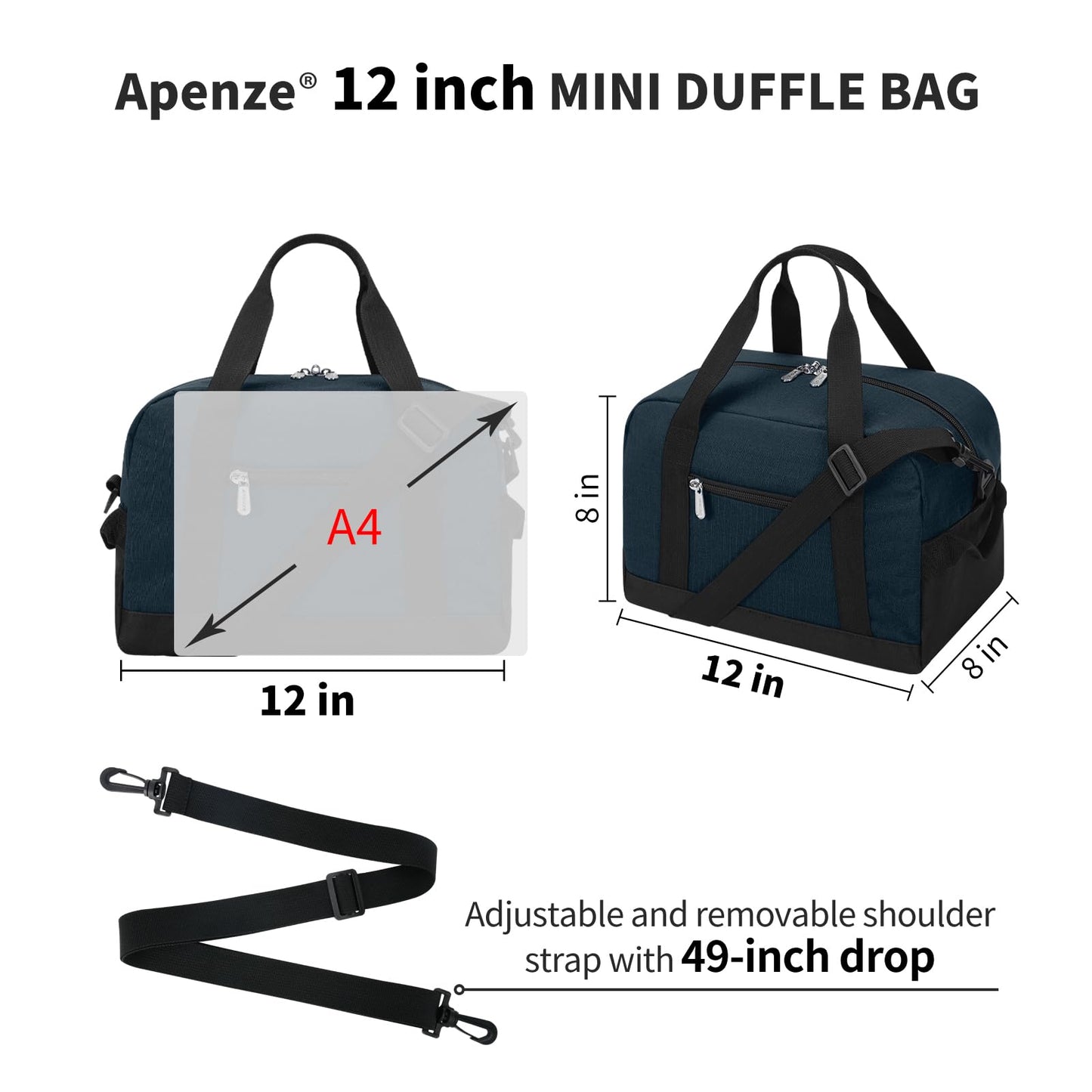 Apenze Small Gym Bag Carry On Bag - 12 in Mini Duffle Bag Lightweight for Overnight Travel(Navy Blue)