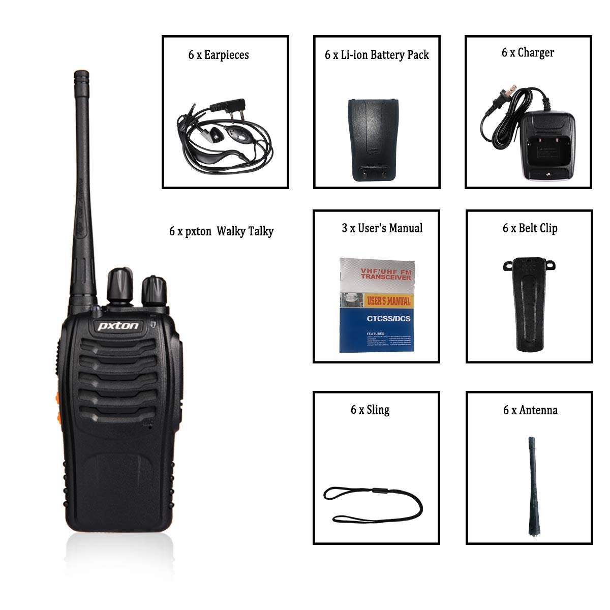 pxton Two Way Radios Long Range Walkie Talkies for Adults with Headphones,16 Channel Handheld 2 Way Radio Rechargeable with Flashlight Li-ion Battery and Charger(6 Pack)