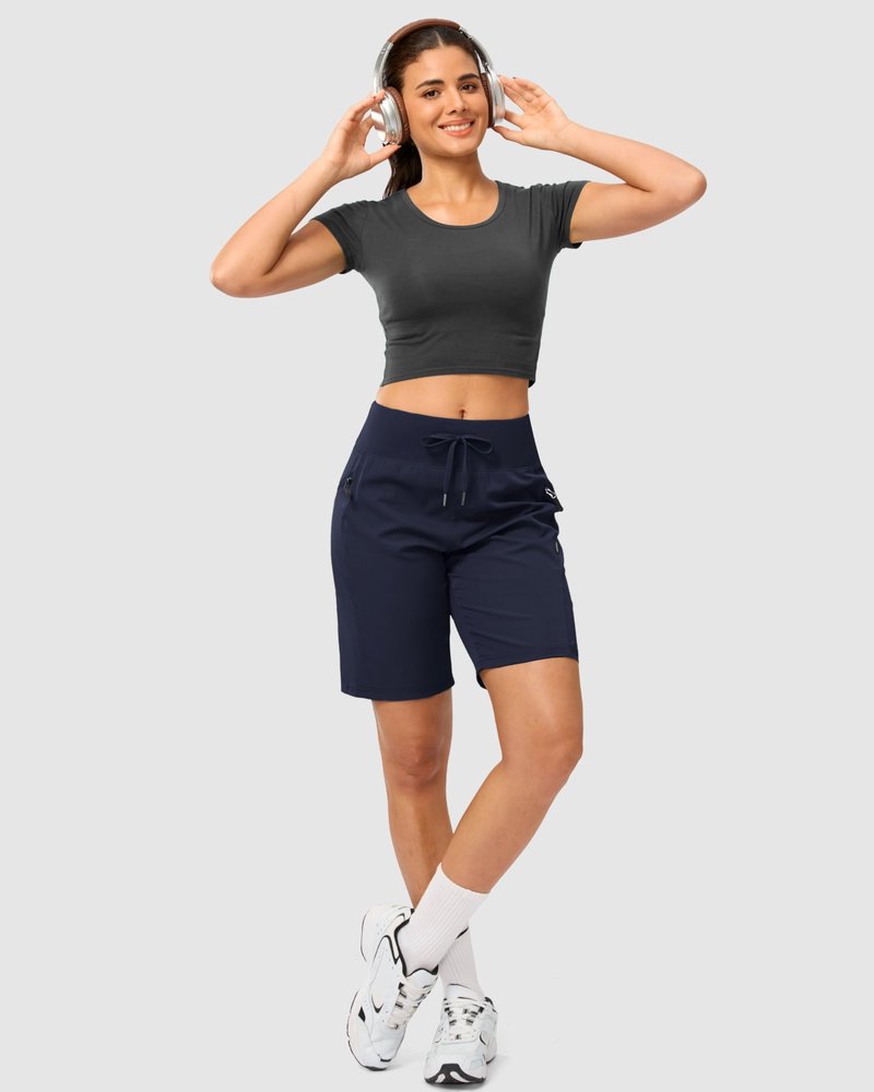 SANTINY Women's 9" Hiking Shorts with 3 Zipper Pockets Lightweight Quick Dry Long Shorts for Women Athletic Travel (Navy_XL)