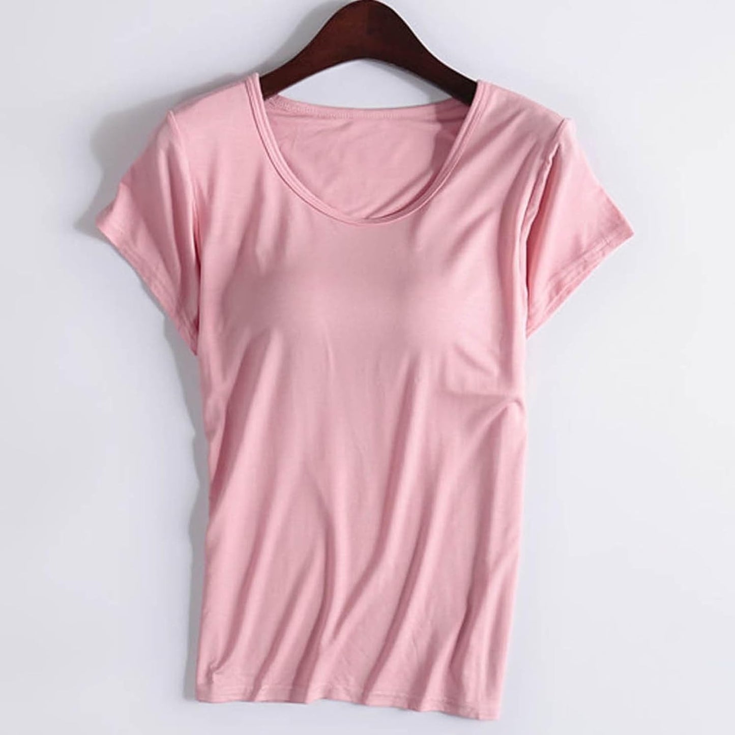 JiXiang Shirts with Built in Bras for Women Short Sleeves Crewneck Padded Tunics Tops Comfy Athletic Shelf Bra Active Tees