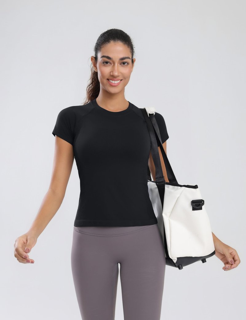 Nyvalle Workout Tops for Women Hip Length Athletic Running Gym Yoga Short Sleeve Shirts Seamless Breathable Crewneck Tees Black