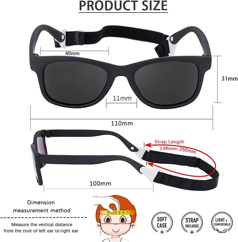 MAXJULI Polarized Baby Infant Sunglasses Safe, Soft, With Adjustable Strap 0-24 Months BPA Free 3 Pack (Black+Blue+Grey)