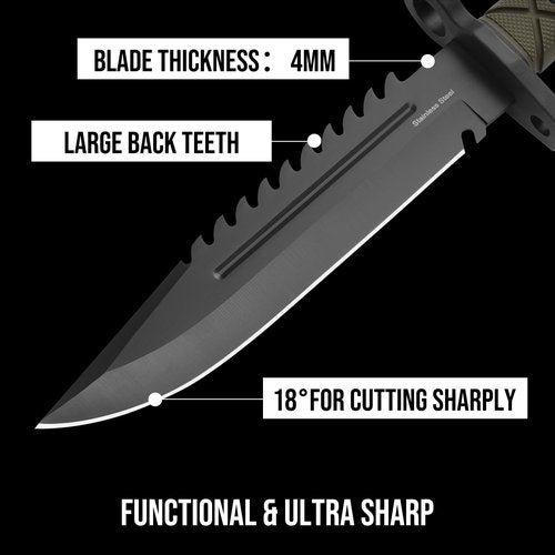 Leopcito 15" Fixed Blade Tactical Knives with Sheath, Stainless Steel Survival Hunting Bushcraft Full Tang Non-Slip Handle Knife with Serrated Blade Back for Camping Adventure EDC
