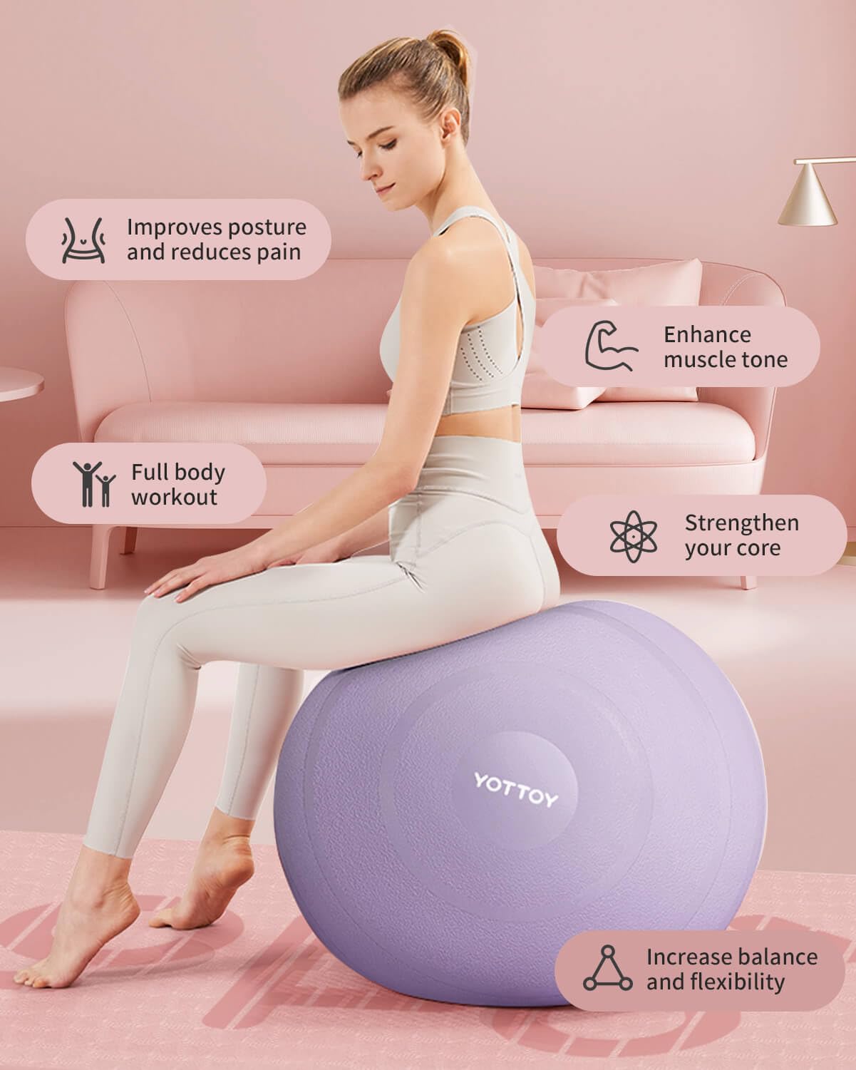YOTTOY Anti-Burst Exercise Ball for Working Out, Yoga Ball for Pregnancy,Extra Thick Workout for Physical Therapy,Stability Ball for Chair Fitness with Pump (Purple)