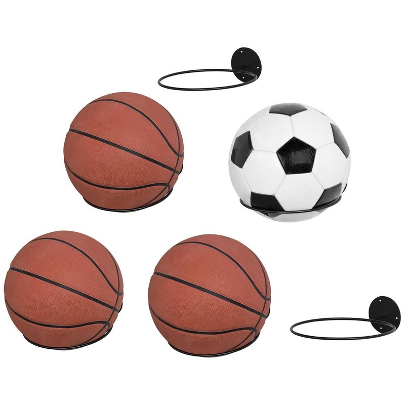 MyGift Wall Mounted Black Metal Sports Ball Storage, 7 Inch Round Display Rack for Soccer Ball, Volleyball, Basketball Holder, Set of 6