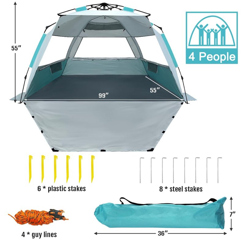 WhiteFang Deluxe Pop Up Beach Tent Sun Shade Shelter for 3-4/5-6 Person, UV Protection, Extendable Floor with 3 Ventilating Windows Plus Carrying Bag, Stakes, and Guy Lines