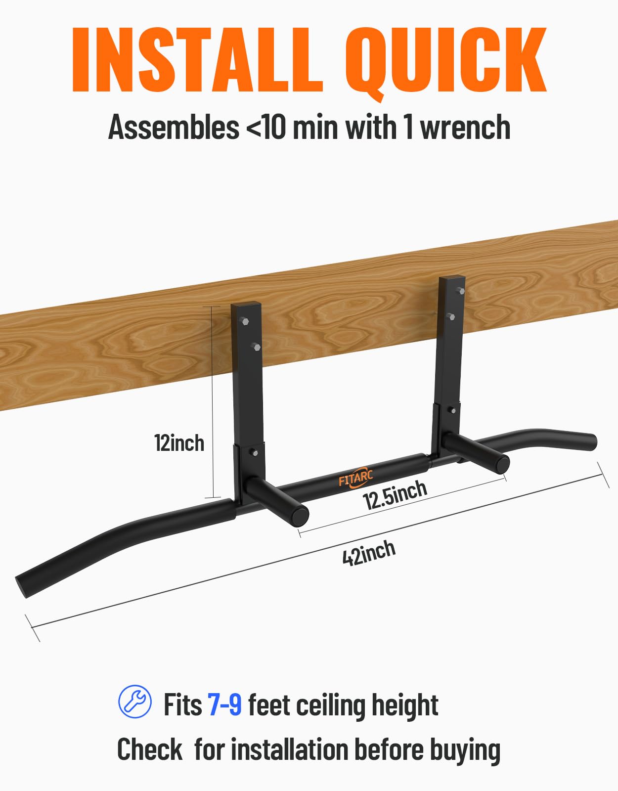 Fitarc Joist Mount Pull Up Bar for Garage Basement Gym, Home Gym Fitness Equipment, Heavy Duty Steel Upper Body Trainer, Ceiling Mounted Chin Up Bar, 42 Inch Wide, 440 lbs Capacity-Patent Pending