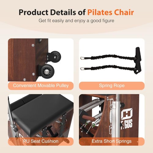 Pilates Pro Chair, Split-Pedal Stability Combo Chair with Handles, Yoga Fitness Trainer, Pilates Reformer Machine, Pilates Equipment Perfect for Home Use & Gym Workout, Black Walnut and Black Pad