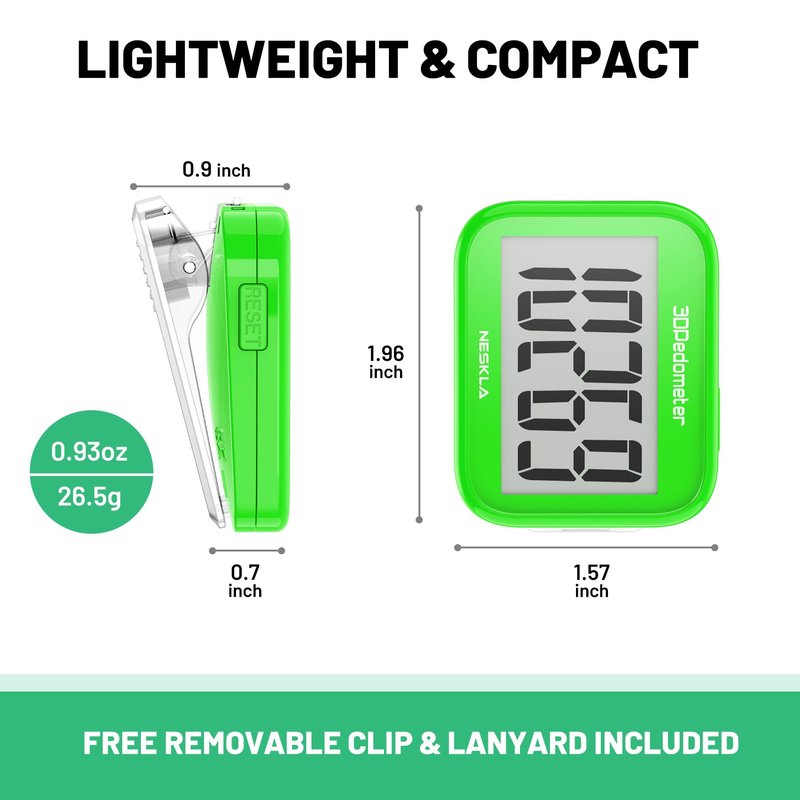 NESKLA 3D Pedometer for Walking, Simple Step Counter with Large Digital Display, Step Tracker with Removable Clip Lanyard, Accurately Track Steps for Men Women Kids Adults Seniors-Green