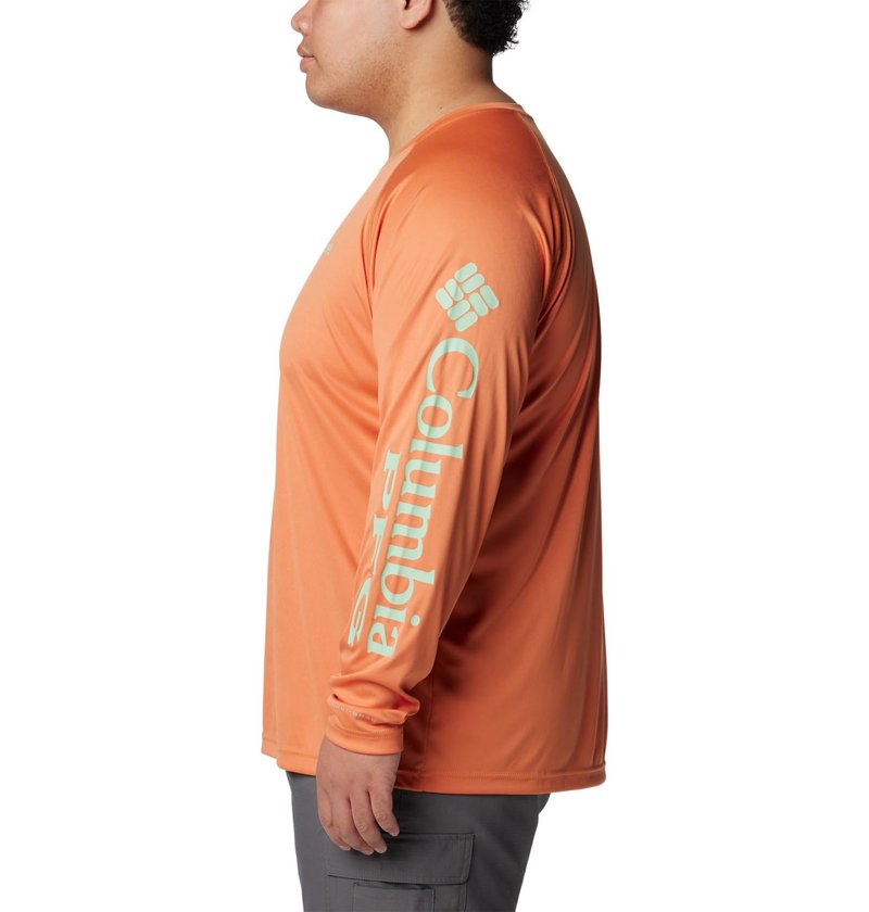 Columbia Men's Terminal Tackle Long Sleeve Fishing Shirt, Dusty Orange/New Mint Logo, 4X Tall