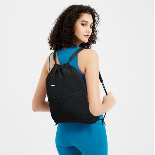 WANDF Drawstring Backpack Sports Gym Bag with Shoulder Pads Water Resistant String Bag Cinch Bag for Women Men (Black)
