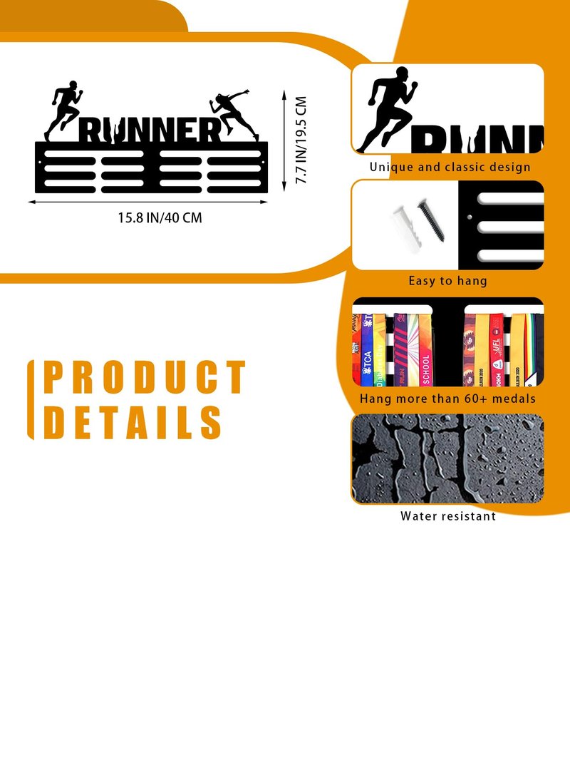 Resama RUNNER Medal Hanger Holder Display Rack for Awards Ribbons Personalized Medal Sports Themed Race Ribbon Holder for Wall-Medal Hanger Display Award Rack-Metal Hanger Display for Men Boy Girl Kid