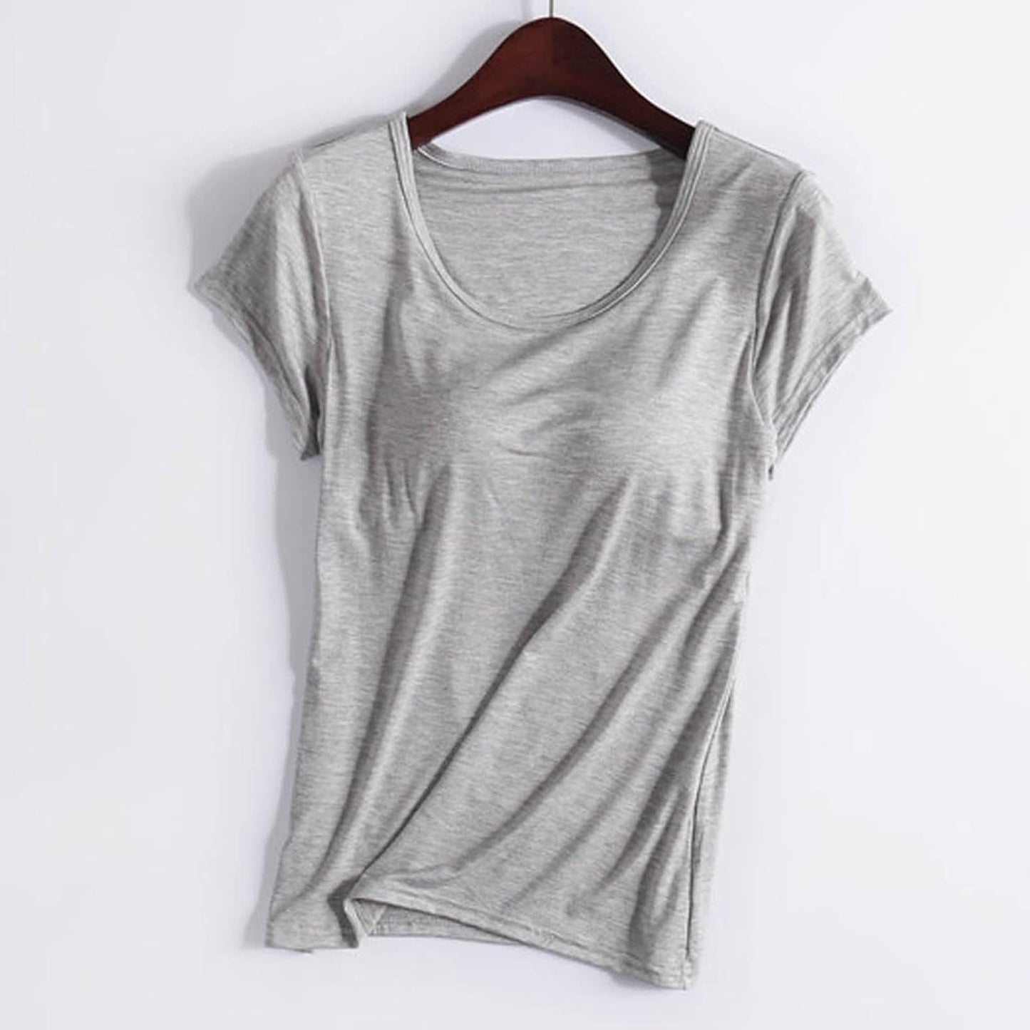 JiXiang Shirts with Built in Bras for Women Short Sleeves Crewneck Padded Tunics Tops Comfy Athletic Shelf Bra Active Tees