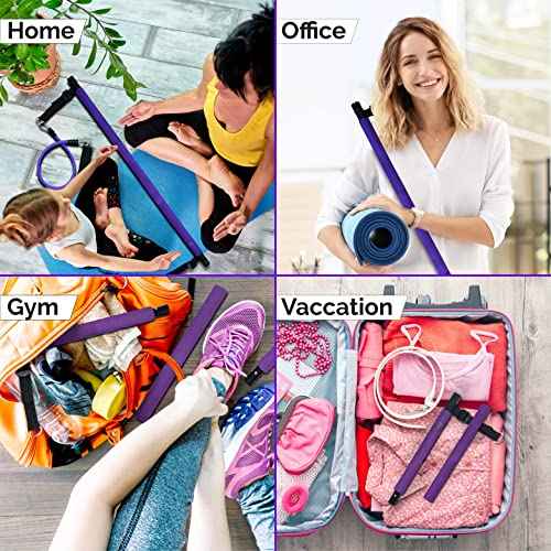 Portable Pilates Bar Kit with Resistance Bands (20, 30, 40, 50 LB) - 8 Week Video Program - Premium Quality Home Equipment 3 Section Pilates Bar with Resistance Bands Full-Body