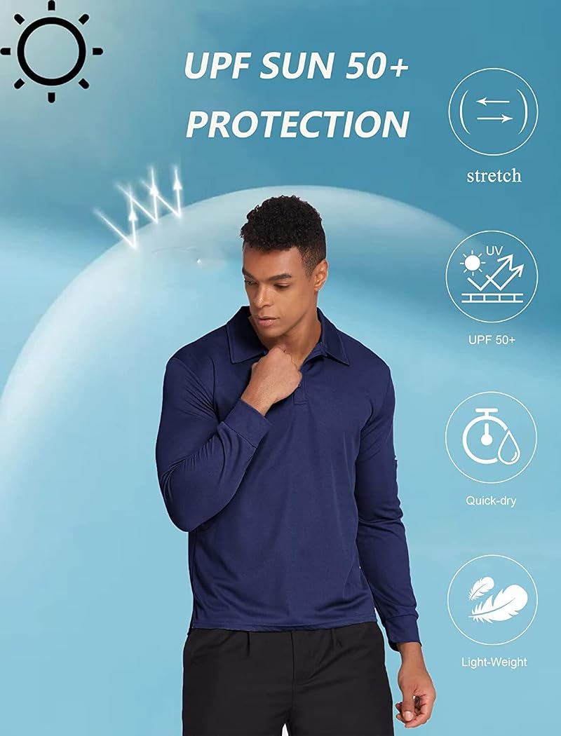 Deyeek Men's Long Sleeve Polo Shirt - Quick Dry Golf Polo Navy Large