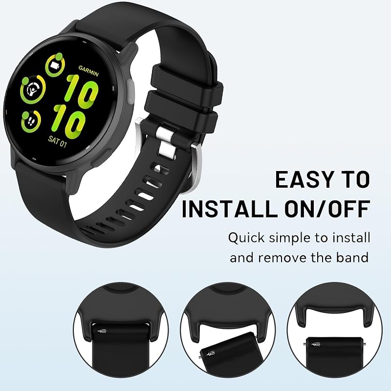 Garmin Vivoactive 6/5/3 & Forerunner 165/55 20mm Quick-Release Waterproof Watch Bands — Black, 2-Pack