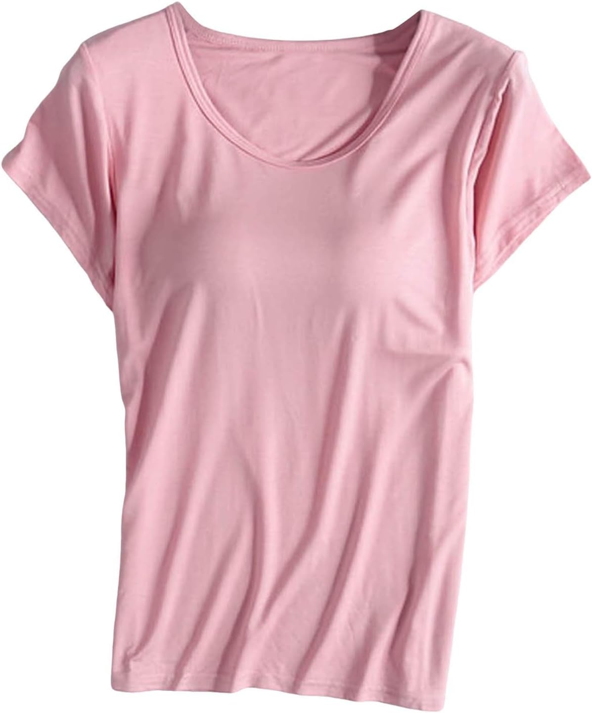 JiXiang Shirts with Built in Bras for Women Short Sleeves Crewneck Padded Tunics Tops Comfy Athletic Shelf Bra Active Tees
