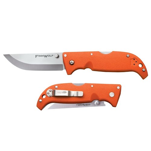 Cold Steel Finn Wolf 3.5in AUS8A Razor-Sharp Straight Back Blade 4.375in Griv-Ex Blaze Orange Handle Hunting Folding Knife, Boxed