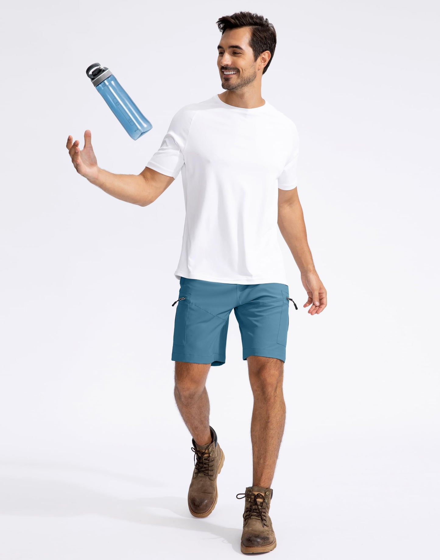 Pudolla Men's Hiking Cargo Shorts 9" Lightweight Outdoor Work Shorts for Men Travel Golf Camping Casual with 5 Zipper Pockets(Sea Blue Large)