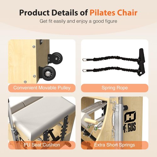 FAGUS H Pilates Pro Chair, Split-Pedal Stability Combo Chair with Handles, Yoga Fitness Trainer, Pilates Reformer Machine, Pilates Equipment Perfect for Home Use & Gym Workout, Burlywood / White Pad