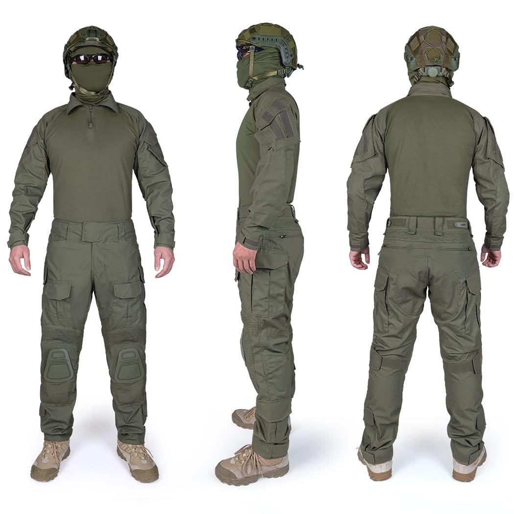 IDOGEAR Men G3 Assault Combat Uniform Set with Knee Pads and Elbow Pads Multi-Camo Camouflage BDU Clothing Tactical Airsoft Hunting Paintball Gear (Ranger Green, Medium)