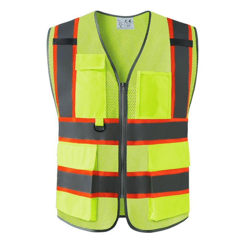 IDOU Yellow Reflective Safety Vest, High Visibility Work Vest for Men Women with 8 Utility Pockets, Zipper & Breathable Mesh/L