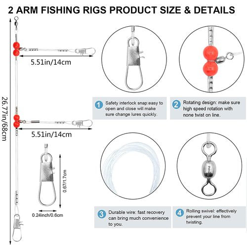 YOTO Fishing Leaders,Saltwater Tackle Rig with Swivels Snap, High-Strength Fishing Wire Gear Equipment for Lures Bait Or Hooks,1Arm and 2Arm